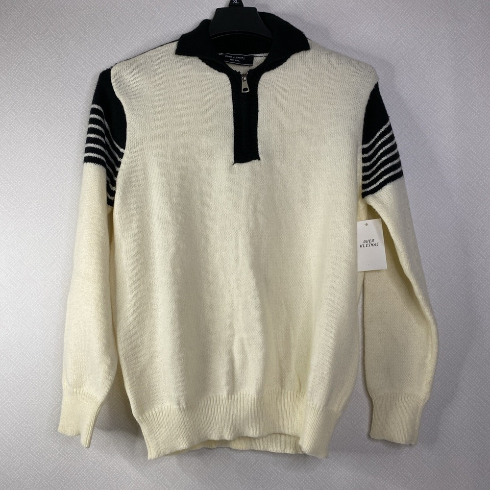 Over Kleshas Quarter Zip Sweater Men's Cream Black Striped Shoulder L/XL New